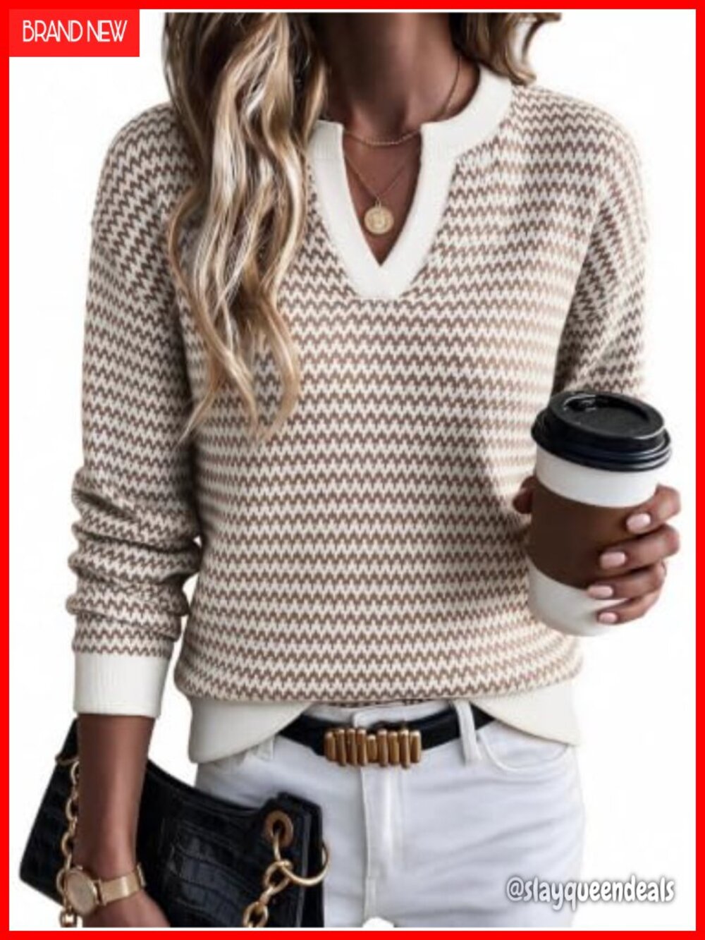 Polo V-Neck Striped Long Sleeve Pullover Sweater Cotton Knit Office Top